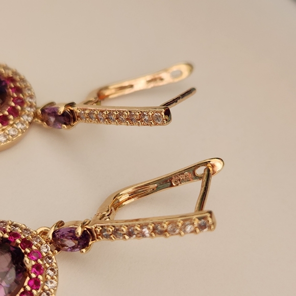 New 18K Gold Plated Oval Cut Amethyst Pink Sapphire Diamond Dangle Hoop Earrings